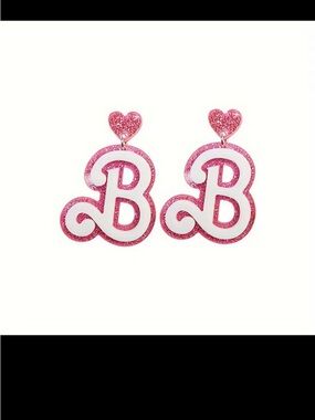 Pink Glitter 'B' Initial Heart Drop Earrings